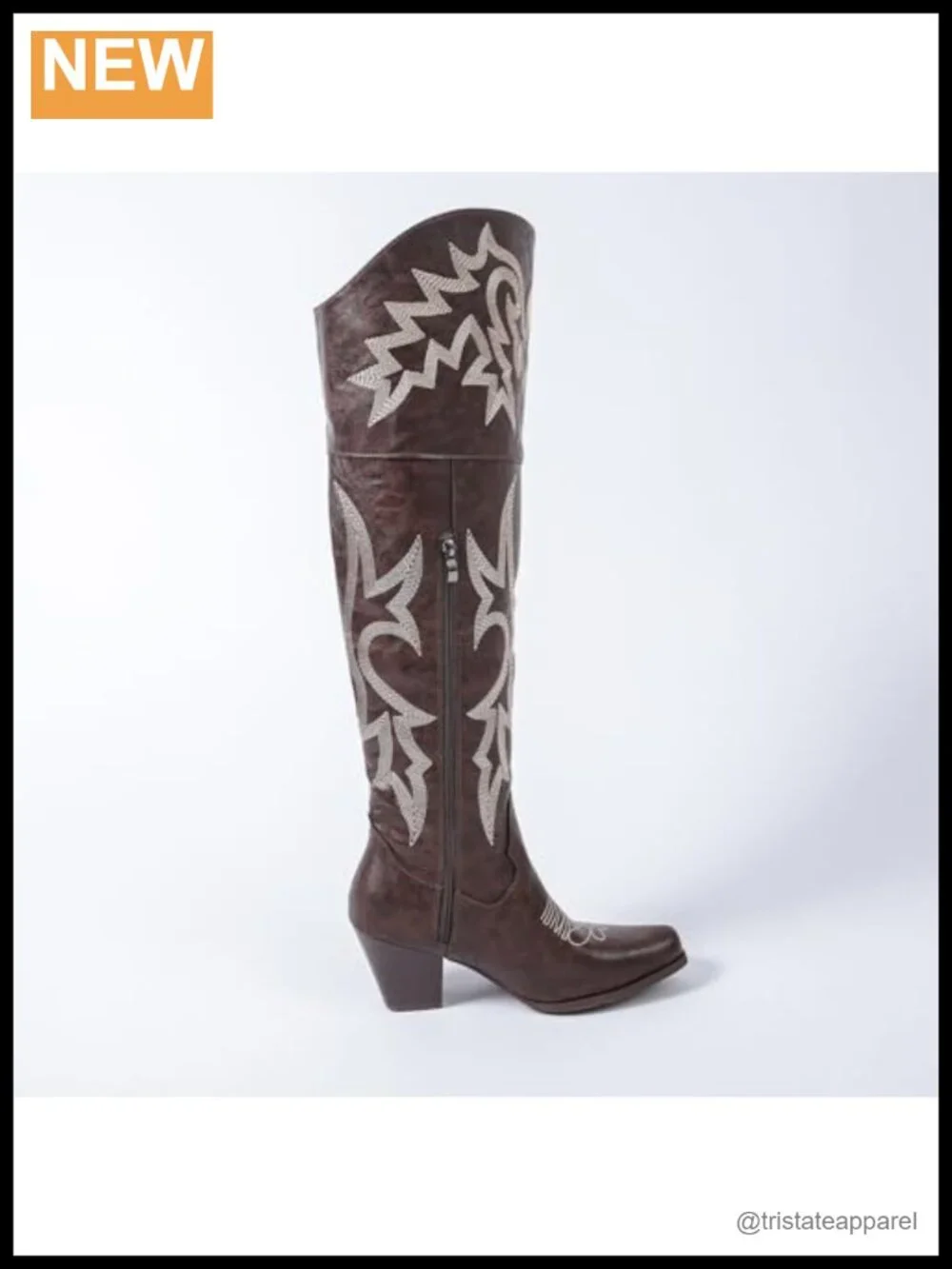 Over-the-Knee Square Toe Cowboy Boots Embroidered PU Leather Chunky Heel Zip